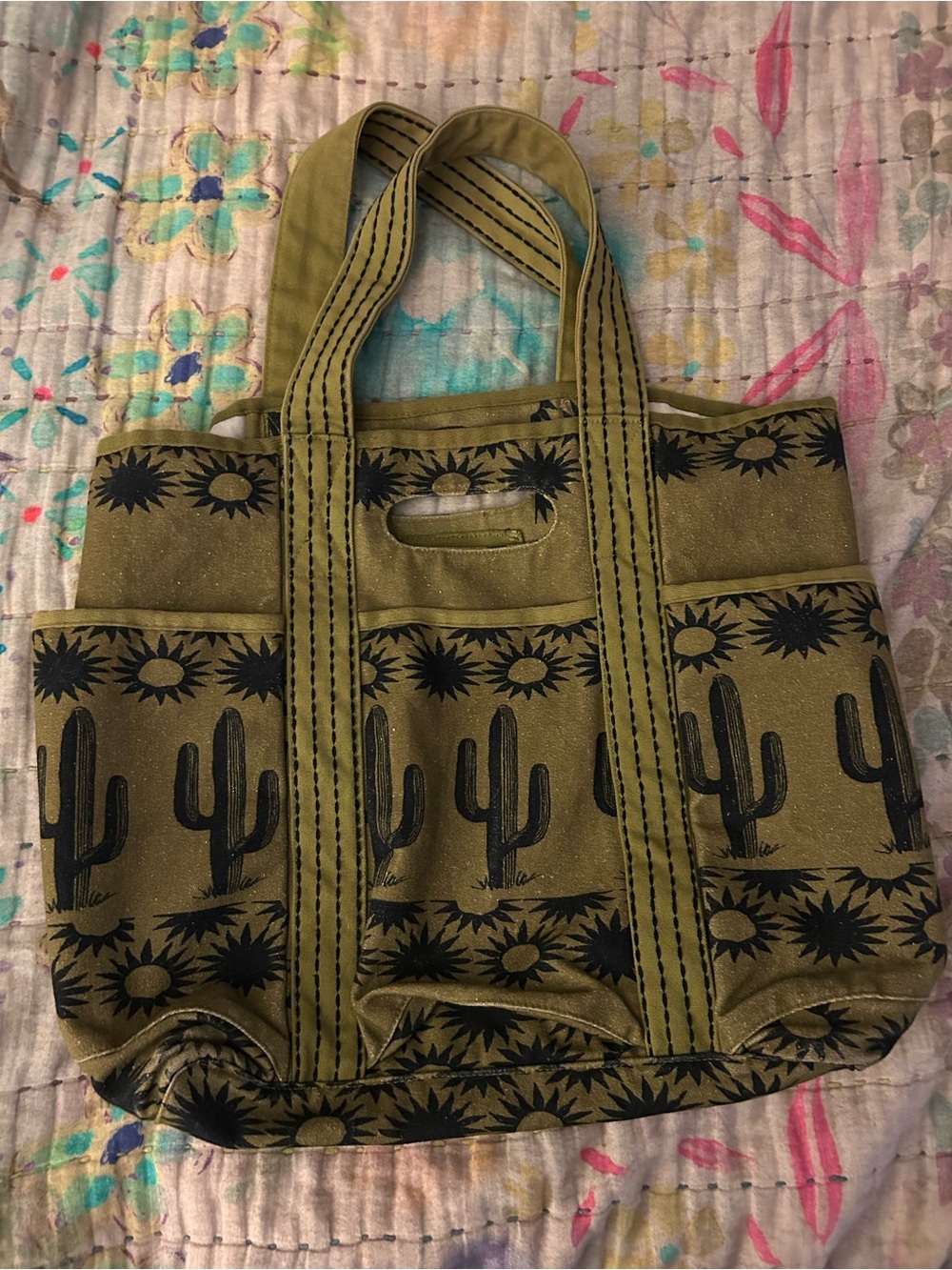 Free People Caravan Olive Green Cactus Print Canvas Tote Bag - Picture 2 of 4